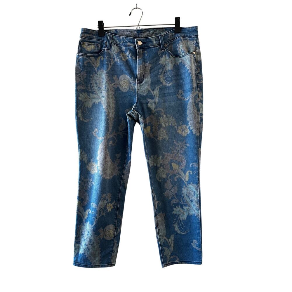 Chico's Blue Floral Perfect Stretch Girlfriend Slim Leg Jeans Women Sz 2.5 (14)